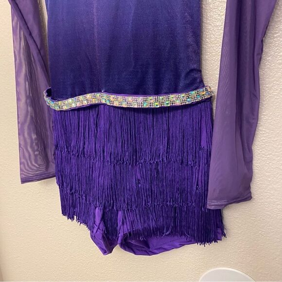 WEISSMAN Dance Costume purple fringe velvet mesh sleeve All The Ways 13290 MA - Picture 6 of 13